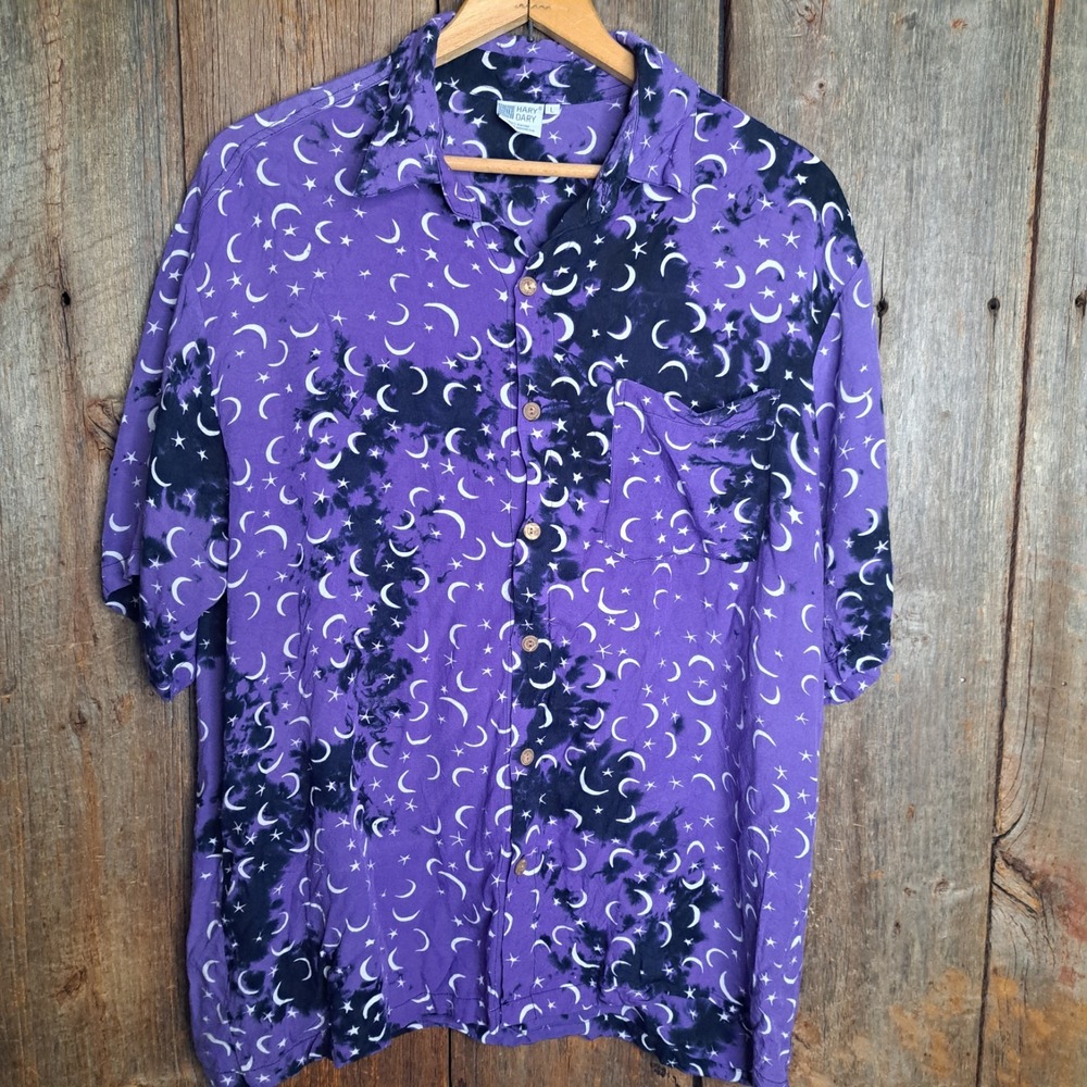 Whimsigoth Vintage Purple Celestial Moon Star Batik Rayon Camp Shirt Men's L